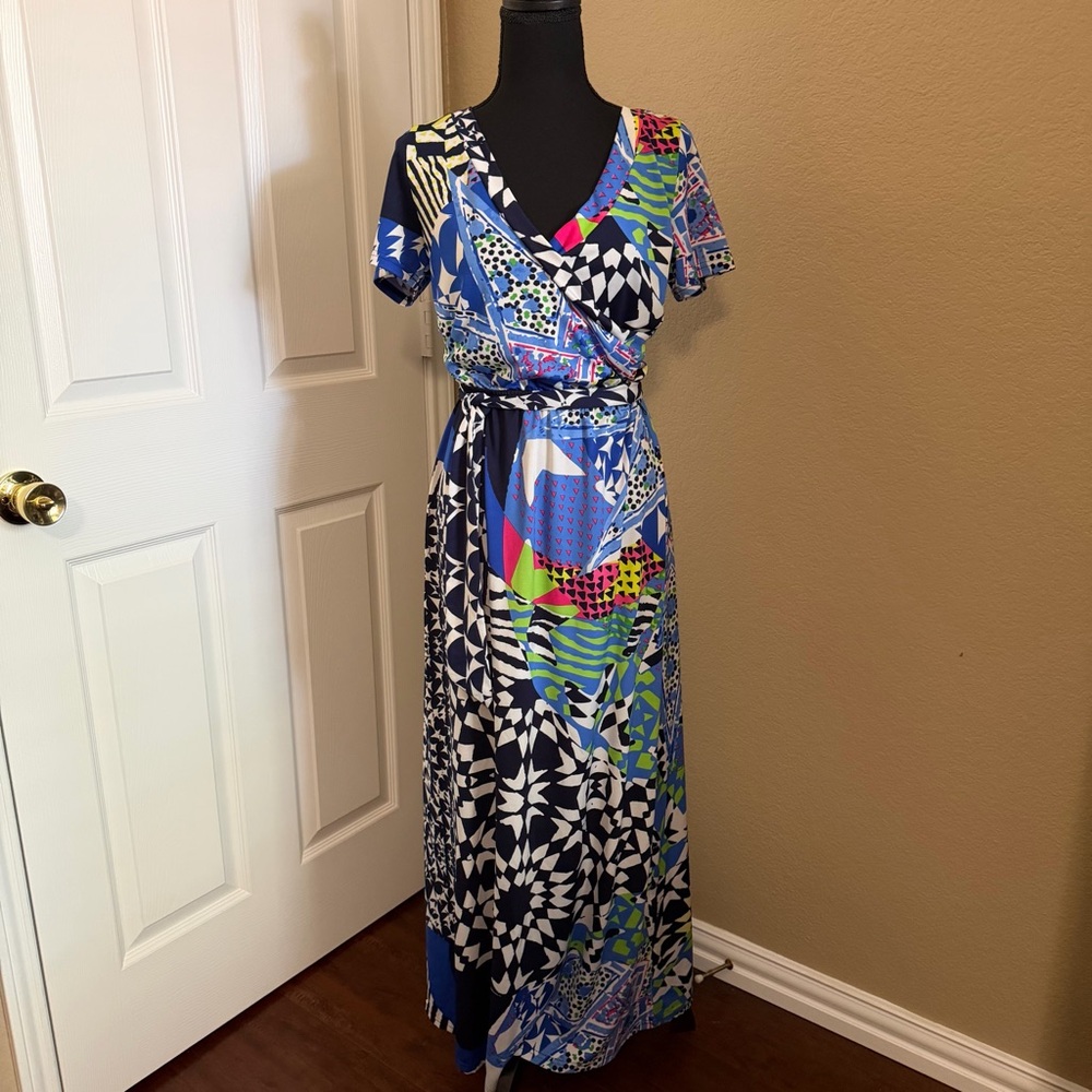 Magic Multicolor Geometric Wrap Maxi Dress - Blue, Green & Black